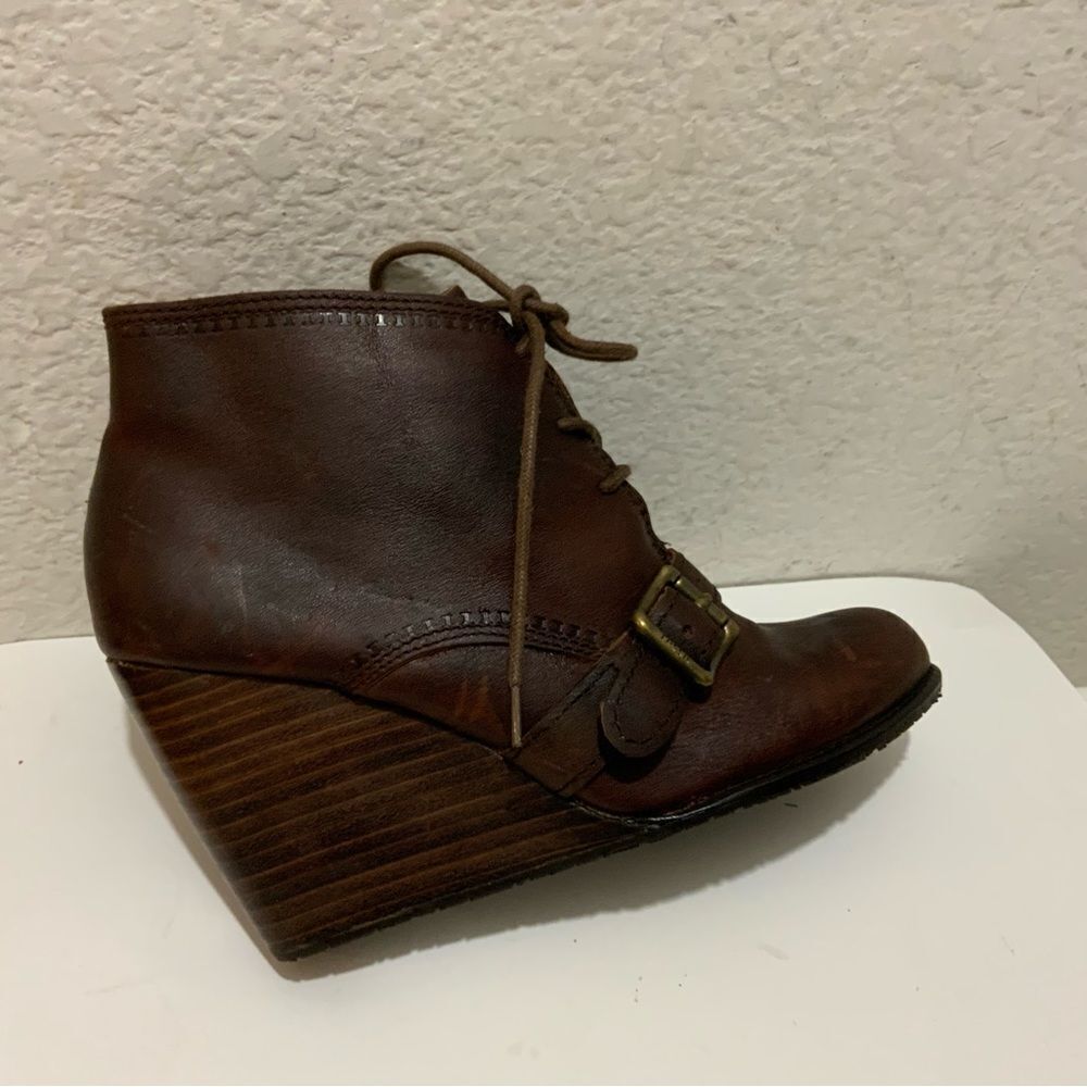 Fossil Charlene Ankle Boots Womens Size 7.5 Brown  Leather Lace Up Buckle Wedge